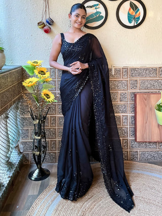 NOZ2TOZ Women's Georgette Black Embellished Designer Saree With Blouse Piece - Distacart