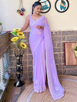 Thumbnail for NOZ2TOZ Women's Georgette Lavender Embellished Designer Saree With Blouse Piece - Distacart