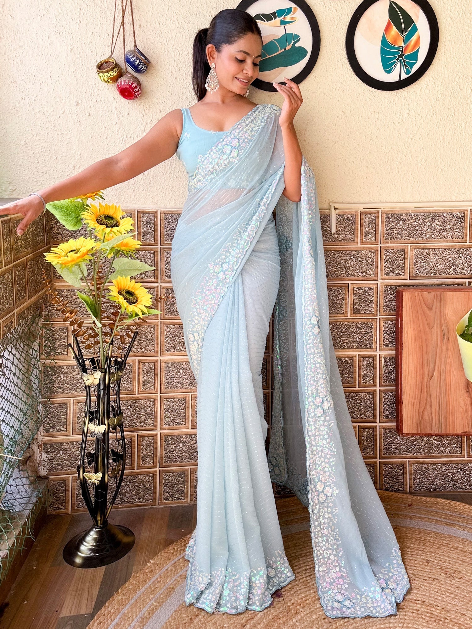 NOZ2TOZ Women's Georgette Light Blue Embellished Designer Saree With Blouse Piece - Distacart