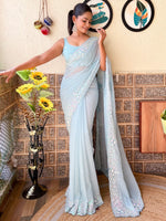 Thumbnail for NOZ2TOZ Women's Georgette Light Blue Embellished Designer Saree With Blouse Piece - Distacart