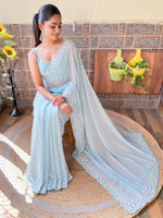 Thumbnail for NOZ2TOZ Women's Georgette Light Blue Embellished Designer Saree With Blouse Piece - Distacart