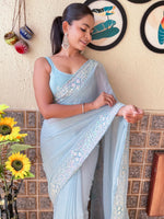 Thumbnail for NOZ2TOZ Women's Georgette Light Blue Embellished Designer Saree With Blouse Piece - Distacart