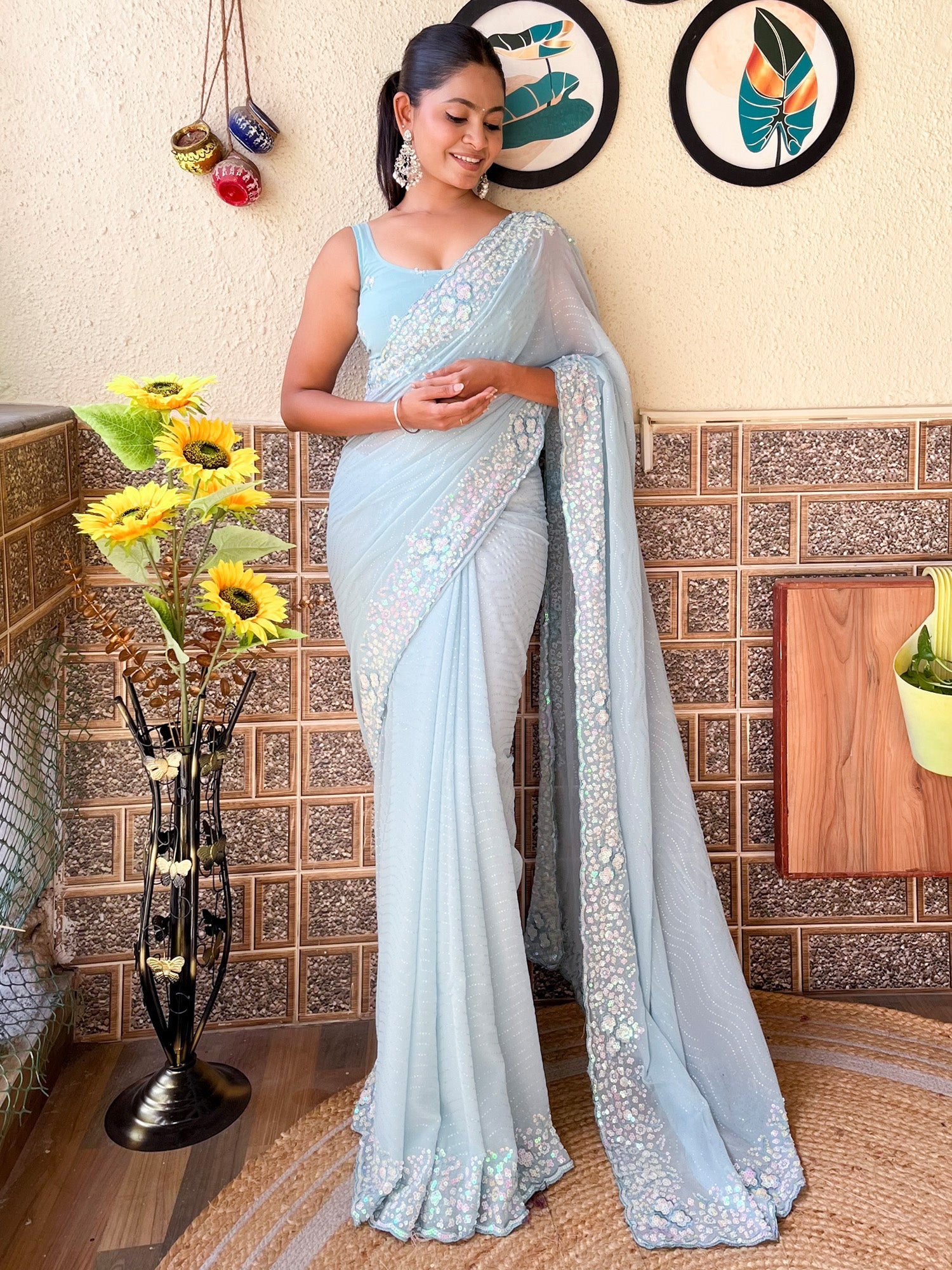 NOZ2TOZ Women's Georgette Light Blue Embellished Designer Saree With Blouse Piece - Distacart