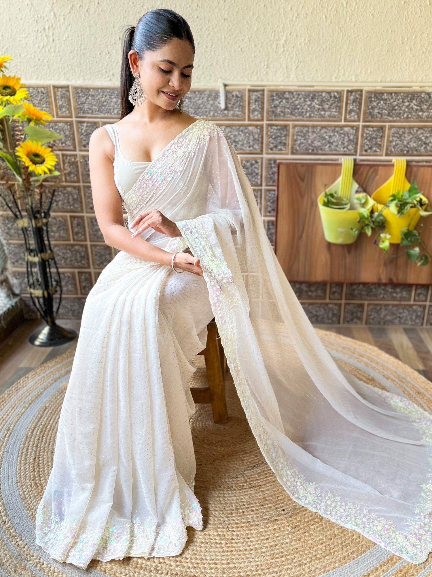 NOZ2TOZ Women's Georgette Off White Embellished Designer Saree With Blouse Piece - Distacart