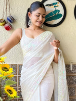 Thumbnail for NOZ2TOZ Women's Georgette Off White Embellished Designer Saree With Blouse Piece - Distacart
