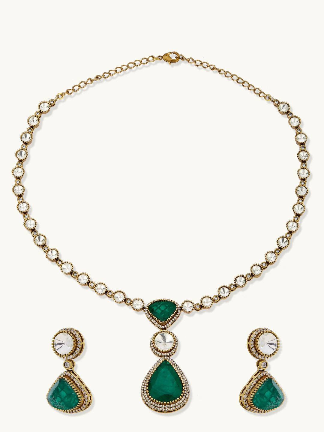 Nuyug 22K Gold-Plated Emerald Stone Centric Kundan Studded Minimal Necklace Set