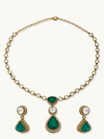 Thumbnail for Nuyug 22K Gold-Plated Emerald Stone Centric Kundan Studded Minimal Necklace Set