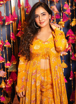 Thumbnail for Vegaa Fashion Yellow Chinon Silk Digital Print Palazzo With Shrug Indo Western Suit - Distacart