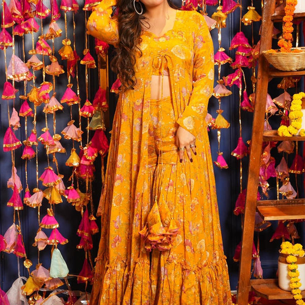 Vegaa Fashion Yellow Chinon Silk Digital Print Palazzo With Shrug Indo Western Suit - Distacart