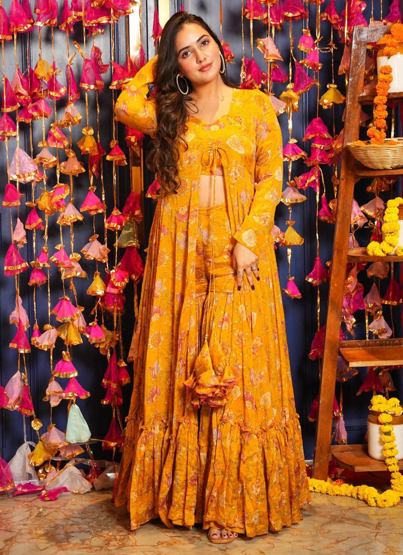 Vegaa Fashion Yellow Chinon Silk Digital Print Palazzo With Shrug Indo Western Suit - Distacart