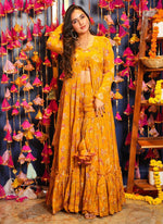 Thumbnail for Vegaa Fashion Yellow Chinon Silk Digital Print Palazzo With Shrug Indo Western Suit - Distacart