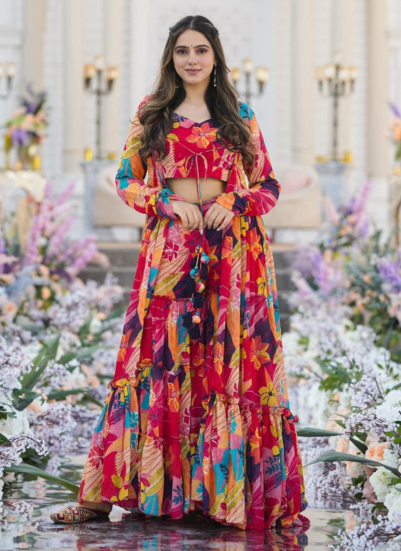 Vegaa Fashion Multicolor Chinon Silk Digital Print Palazzo With Shrug Indo Western Suit - Distacart