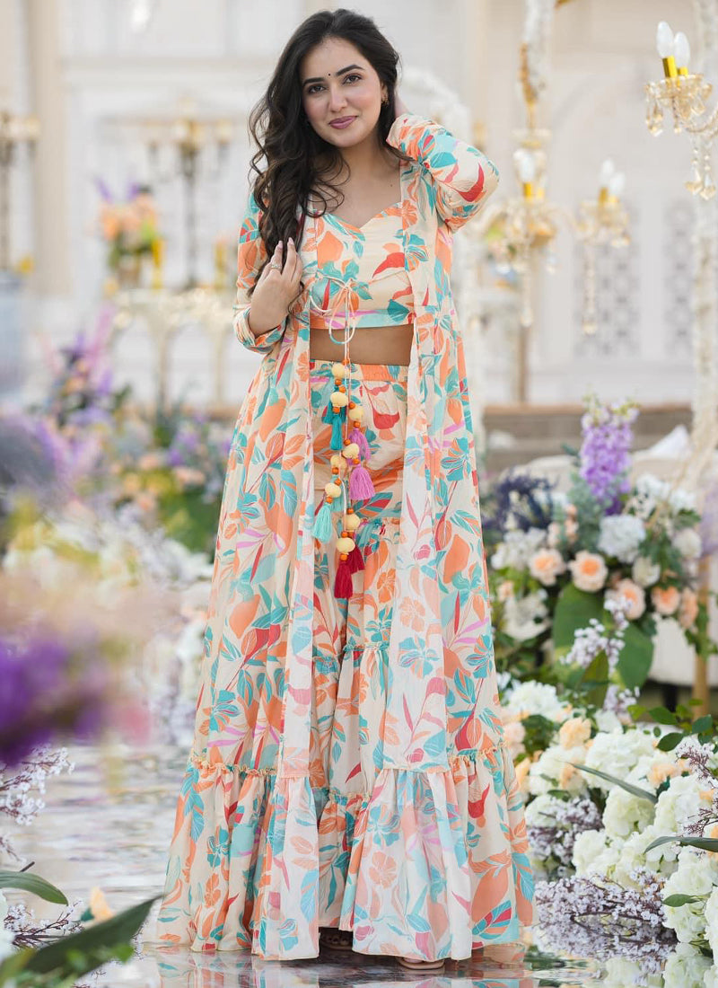 Vegaa Fashion Off White Chinon Silk Digital Print Palazzo With Shrug Indo Western Suit - Distacart