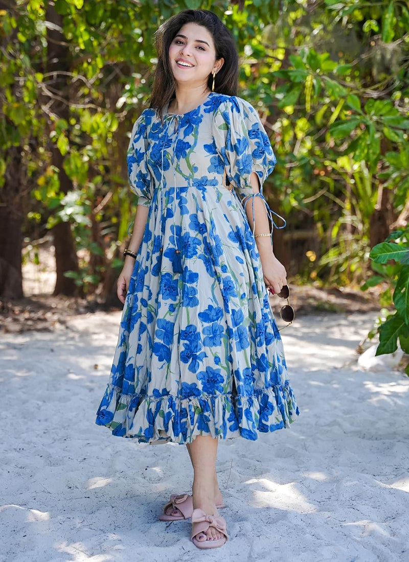 Vegaa Fashion Blue Rayon Digital Print Designer Western Gown - Distacart