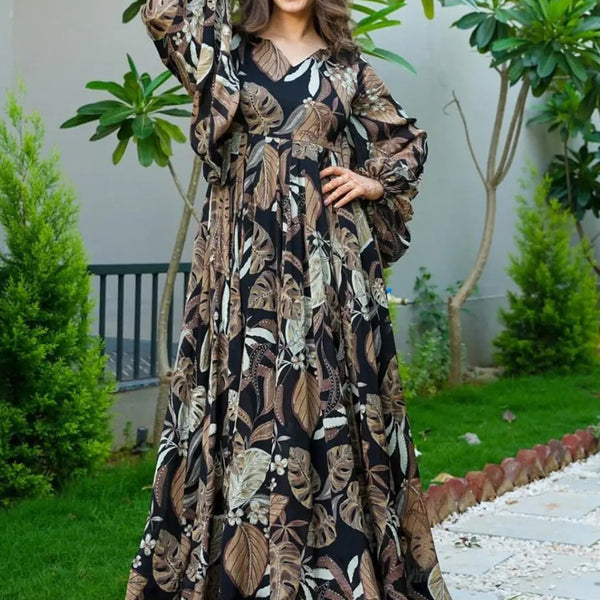 Vegaa Fashion Multi Color Heavy Air Tex Chinon Silk Digital Print Designer Gown - Distacart