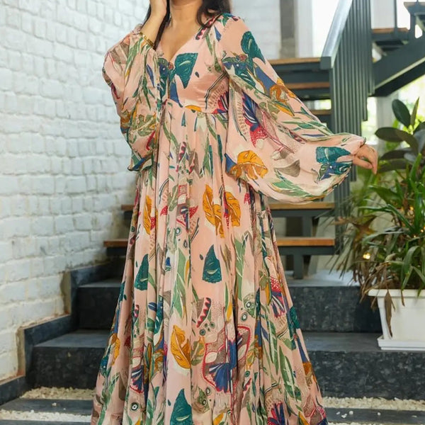 Vegaa Fashion Multi Color Heavy Air Tex Chinon Silk Digital Print Designer Gown - Distacart