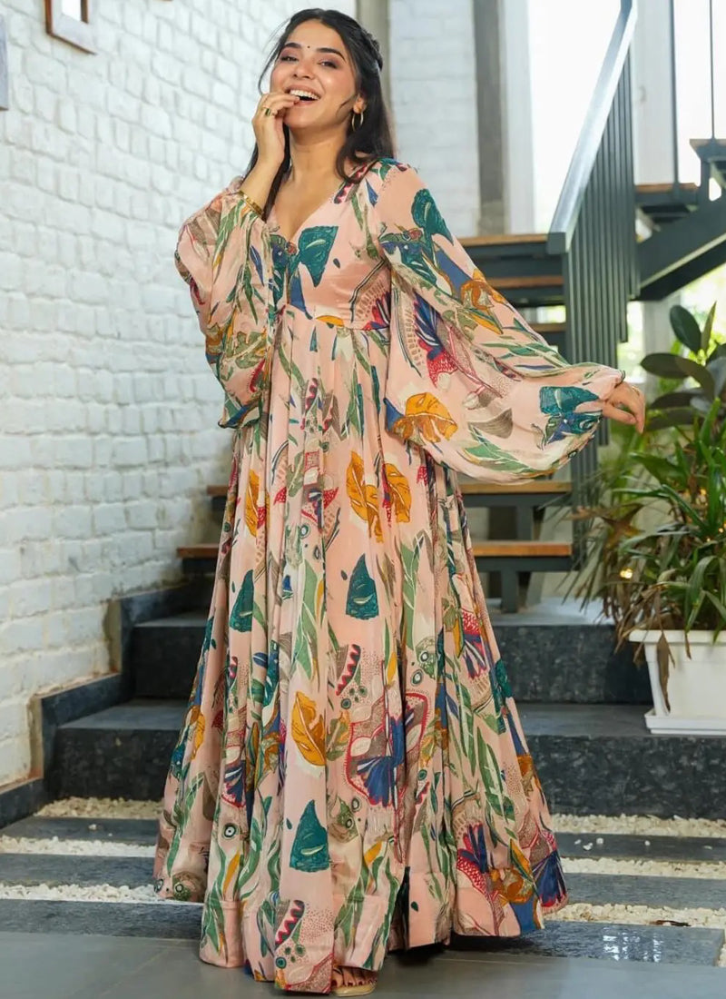 Vegaa Fashion Multi Color Heavy Air Tex Chinon Silk Digital Print Designer Gown - Distacart