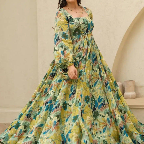 Vegaa Fashion Multi Color Heavy Air Tex Chinon Silk Digital Print Designer Gown - Distacart