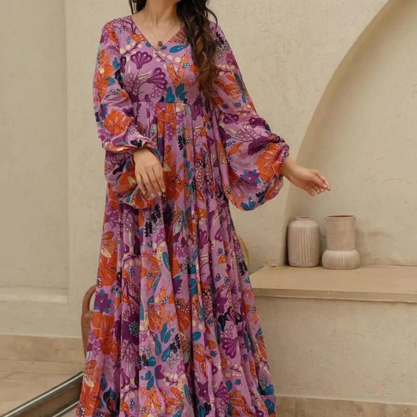 Vegaa Fashion Multi Color Heavy Air Tex Chinon Silk Digital Print Designer Gown - Distacart