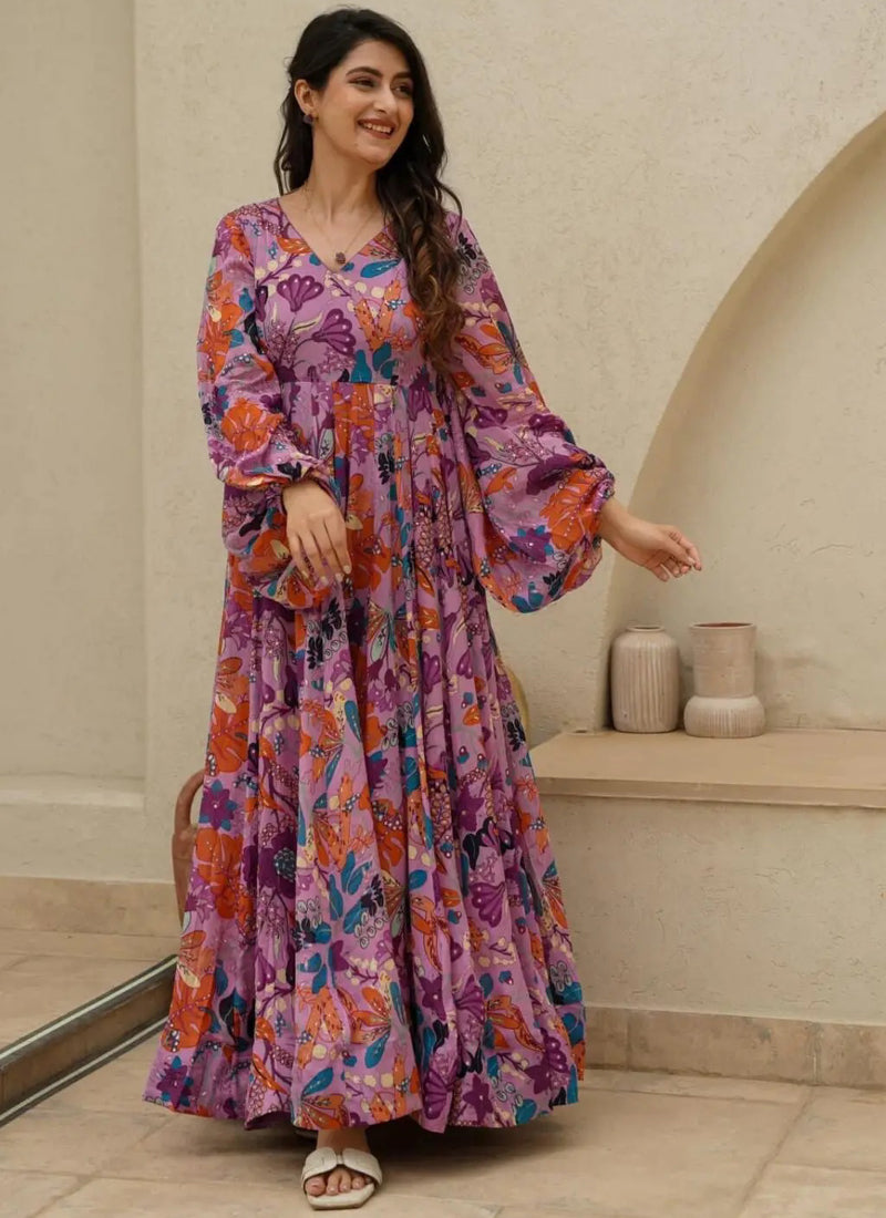 Vegaa Fashion Multi Color Heavy Air Tex Chinon Silk Digital Print Designer Gown - Distacart