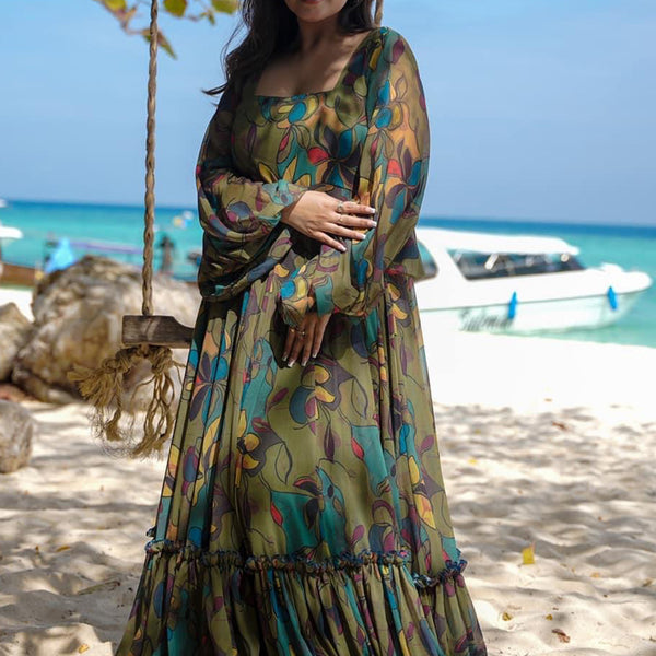 Vegaa Fashion Multi Color Heavy Air Tex Chinon Silk Digital Print Designer Gown - Distacart