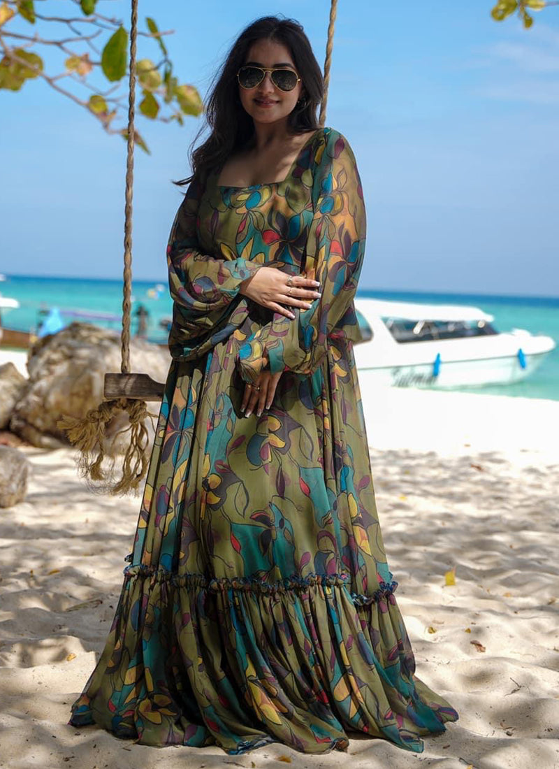 Vegaa Fashion Multi Color Heavy Air Tex Chinon Silk Digital Print Designer Gown - Distacart