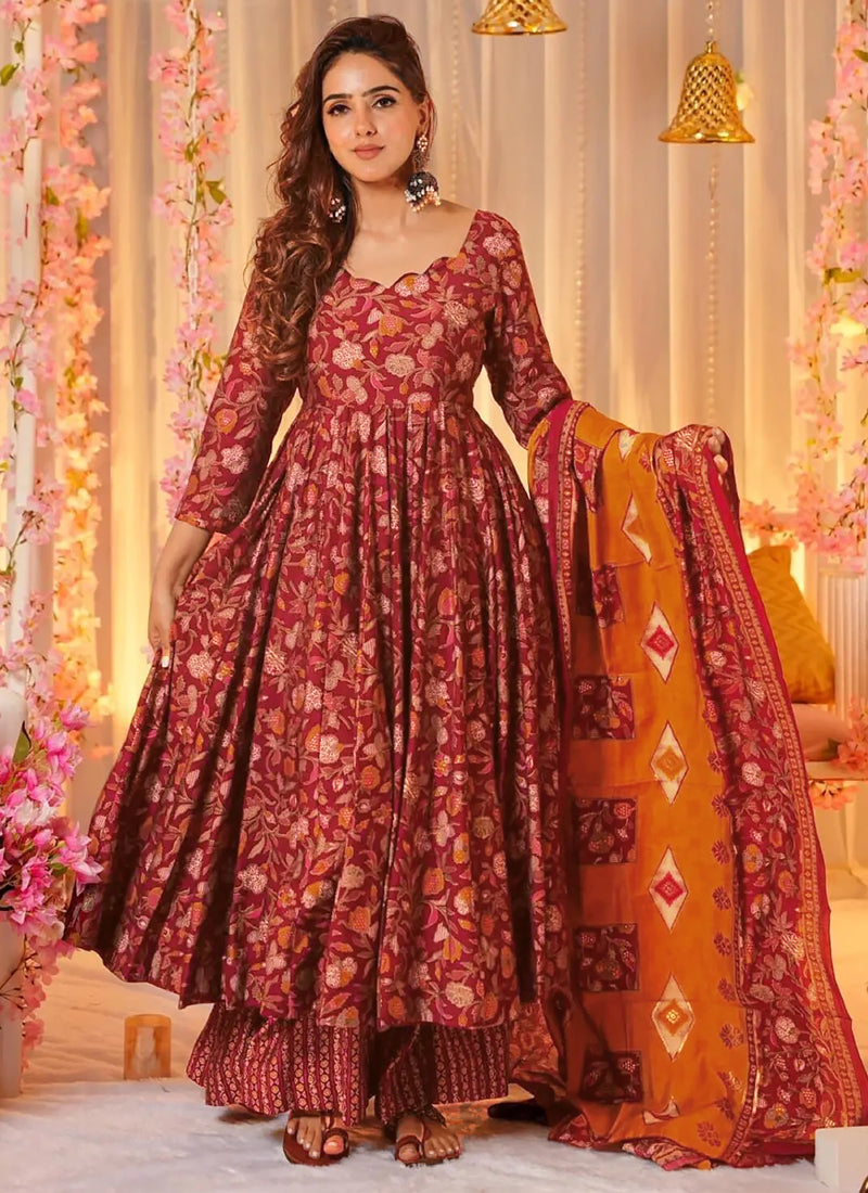 Vegaa Fashion Red Muslin Digital Print Designer Salwar Suit - Distacart
