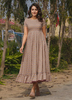 Thumbnail for Vegaa Fashion Beige Rayon Digital Print Designer Gown For Festive - Distacart