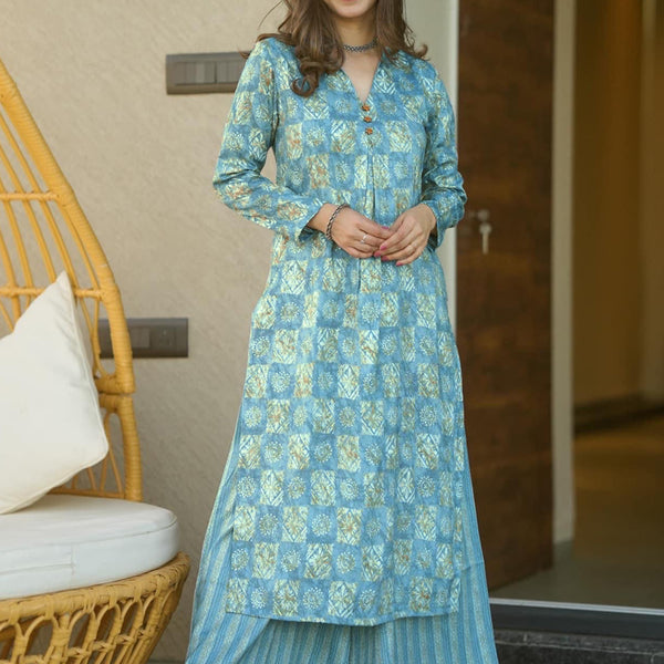 Vegaa Fashion Electric Blue Muslin Digital Print Designer Kurti Pant - Distacart