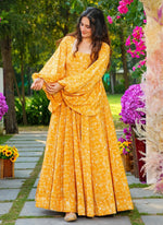 Thumbnail for Vegaa Fashion Yellow Georgette Digital Print Designer Gown For Festive - Distacart