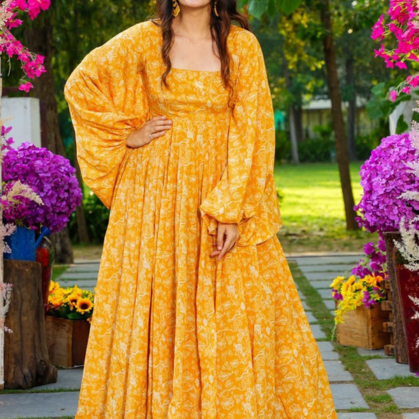 Vegaa Fashion Yellow Georgette Digital Print Designer Gown For Festive - Distacart