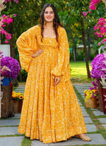 Thumbnail for Vegaa Fashion Yellow Georgette Digital Print Designer Gown For Festive - Distacart