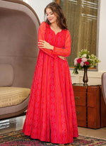Thumbnail for Vegaa Fashion Red Georgette Digital Print Designer Gown For Festive - Distacart