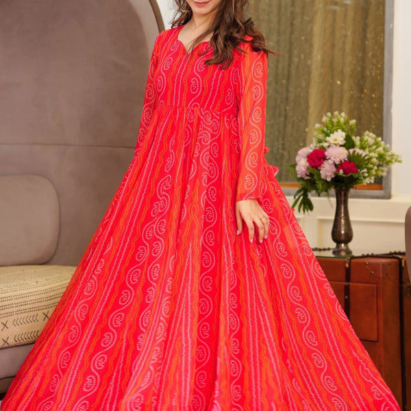 Vegaa Fashion Red Georgette Digital Print Designer Gown For Festive - Distacart