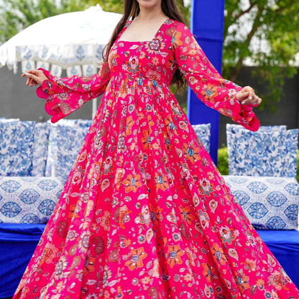 Vegaa Fashion Pink Georgette Digital Print Designer Gown For Festive - Distacart