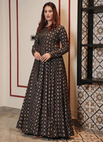 Thumbnail for Vegaa Fashion Coal Black Muslin Digital Print Indo Western Gown For Wedding - Distacart