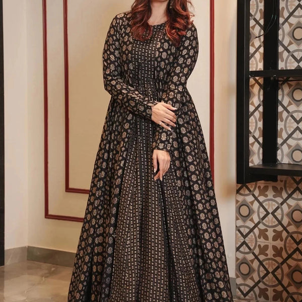 Vegaa Fashion Coal Black Muslin Digital Print Indo Western Gown For Wedding - Distacart
