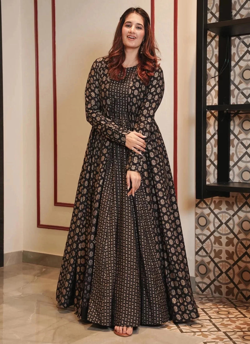 Vegaa Fashion Coal Black Muslin Digital Print Indo Western Gown For Wedding - Distacart