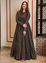 Thumbnail for Vegaa Fashion Coal Black Muslin Digital Print Indo Western Gown For Wedding - Distacart