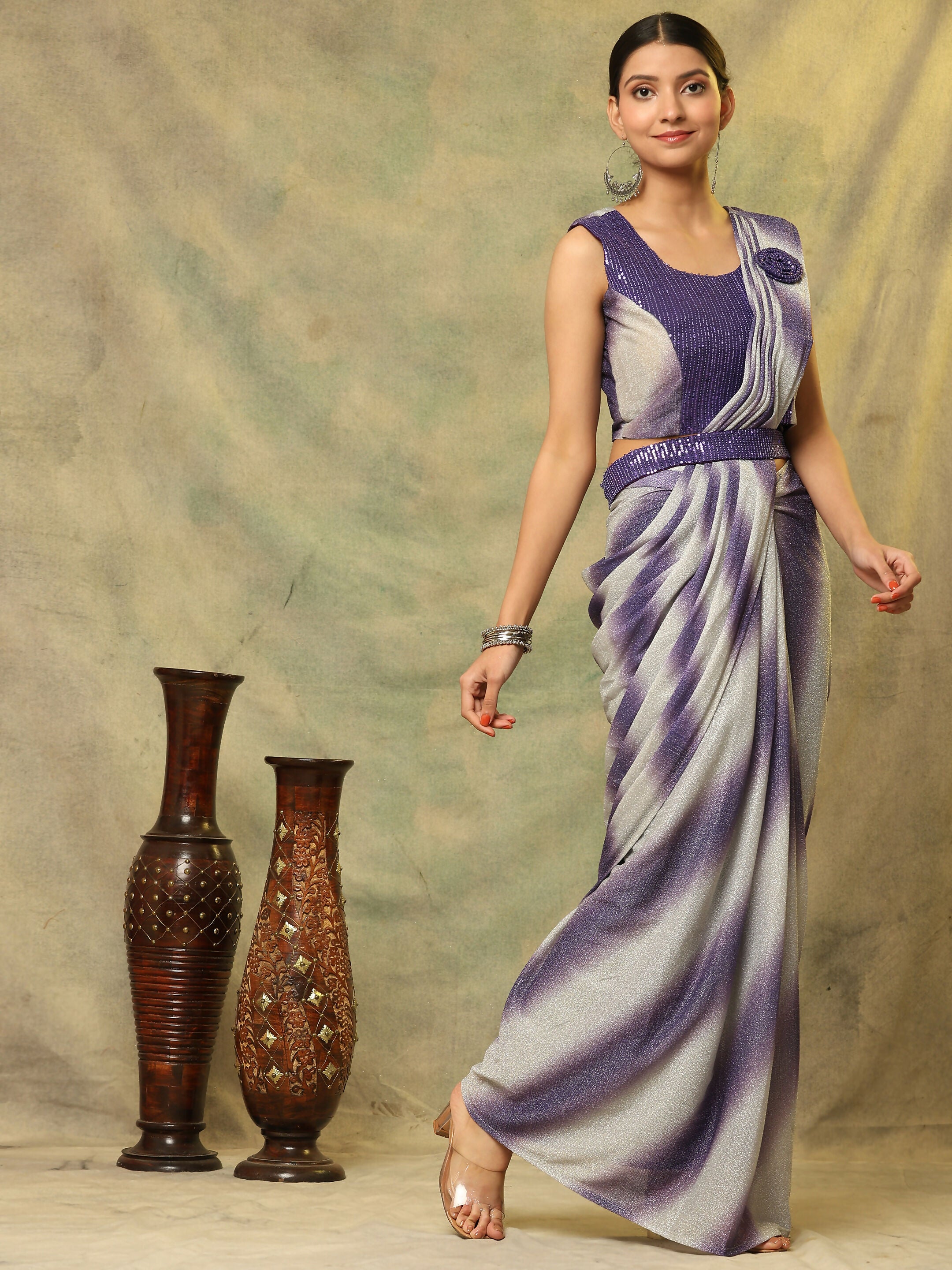 Purple Polyester Solid Ready to Wear Saree with stitched Blouse - Aayan - Distacart