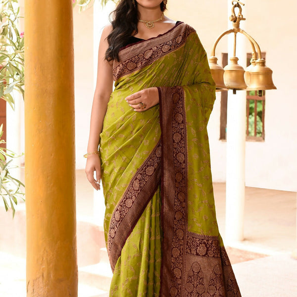 Joban Fashion Grass Green Crepe Chiffon Pure Handloom Banarasi Silk Saree