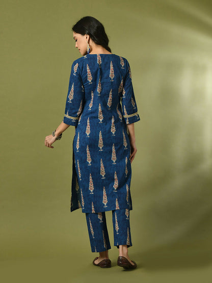 Myshka Women's Blue Printed Cotton Straight Party Kurta Set - Distacart