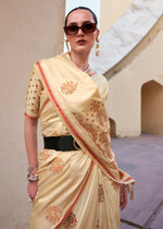 Thumbnail for Buttermilk Beige Pure Satin Zari Weaving Wedding Festive Saree - Emponline - Distacart