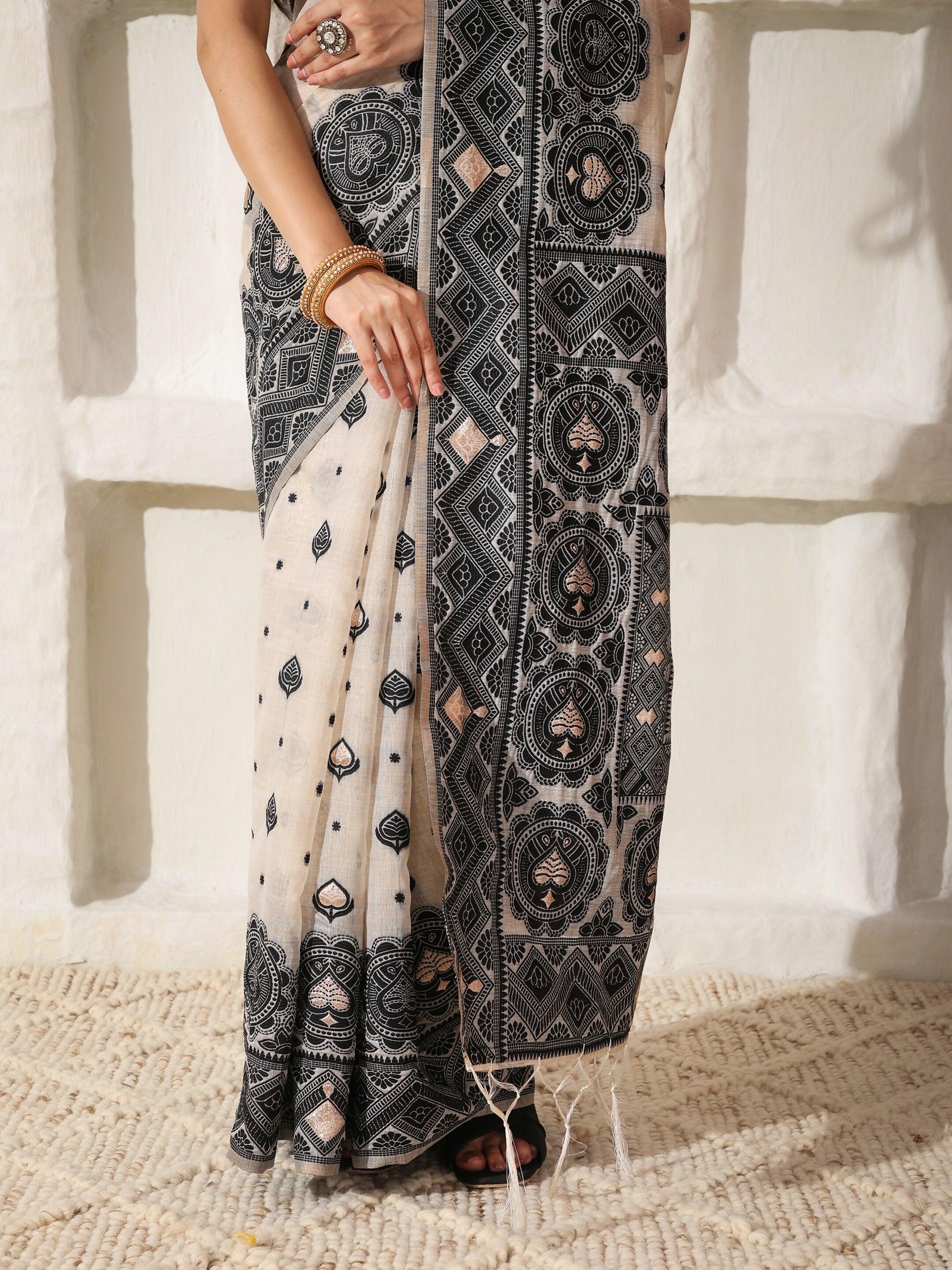 Astita Linen Cotton Black & Cream Saree
