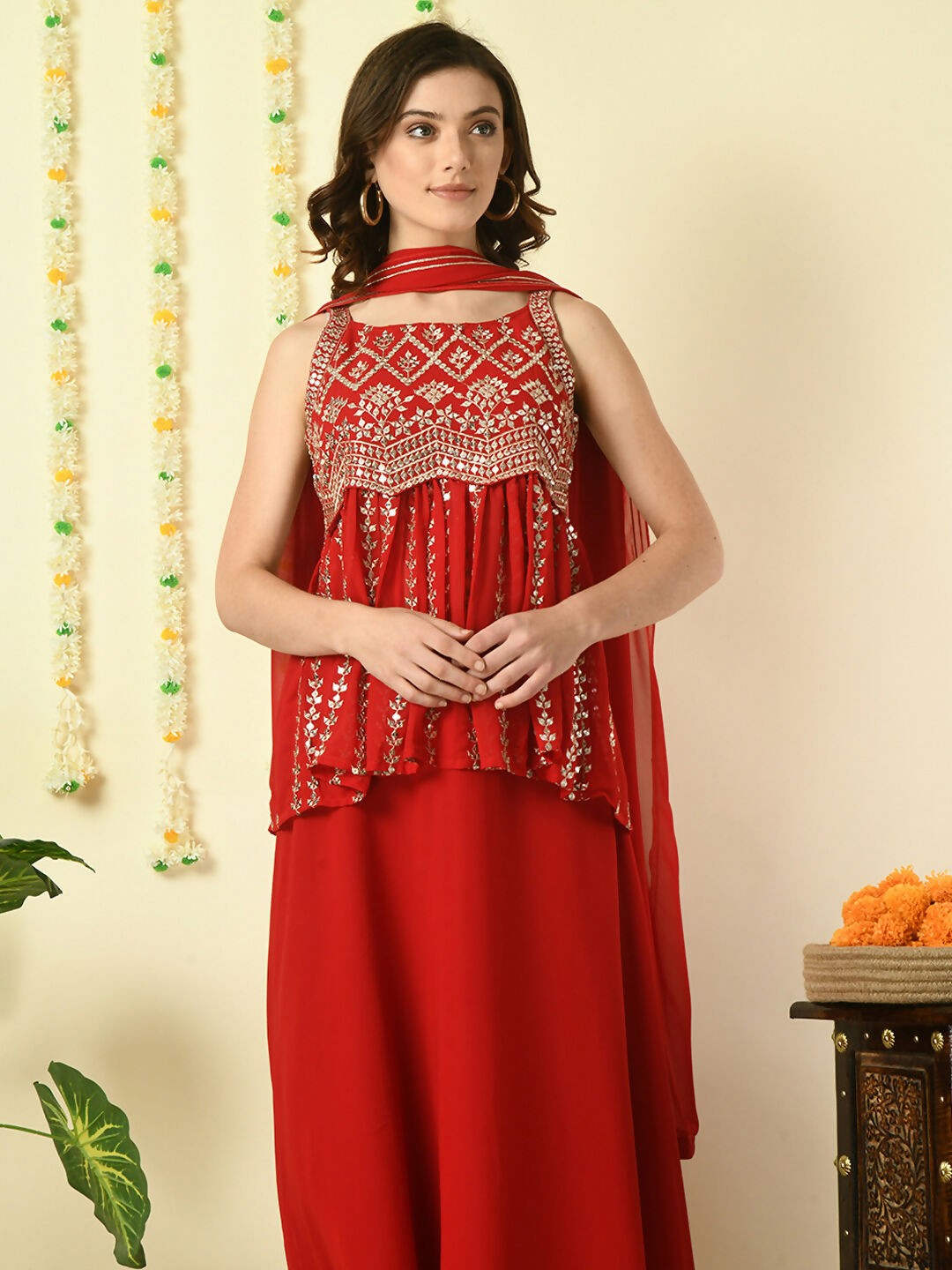 Myshka Women's Red Georgette Top & Skirt With Dupatta Party Sets - Distacart