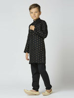 Thumbnail for Joban Fashion Kids Island Full Sleeves Chanderi Kurta, Pyjama Set with Traditional Butta Work - Black - Distacart
