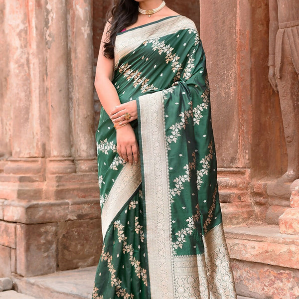 Joban Fashion Emerald Green Banarasi Katan Pure Handloom Banarasi Silk Saree