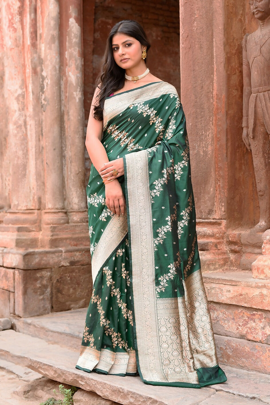 Joban Fashion Emerald Green Banarasi Katan Pure Handloom Banarasi Silk Saree - Dista