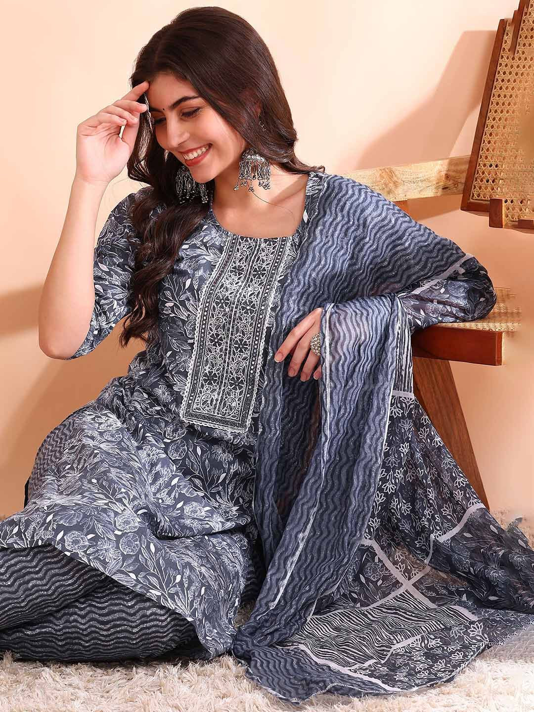 Ode by House of Pataudi Printed Mirror Work Pure Cotton Kurta With Trousers & Dupatta - Distacart