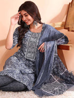 Thumbnail for Ode by House of Pataudi Printed Mirror Work Pure Cotton Kurta With Trousers & Dupatta - Distacart